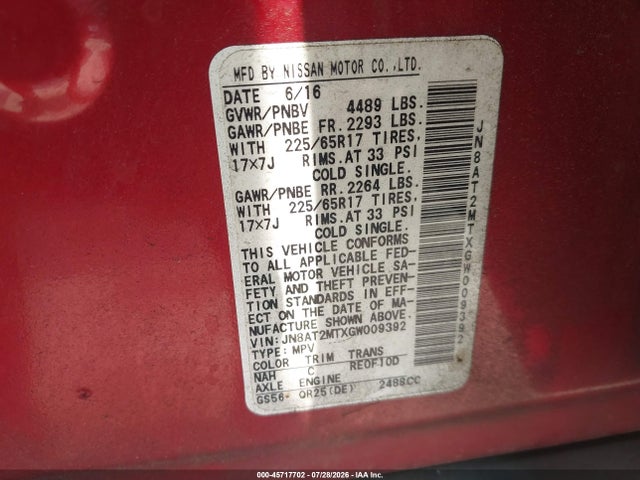 2016 Nissan Rogue S მანქანა იყიდება აუქციონზე, vin: JN8AT2MTXGW009392, აუქციონის ნომერი: 45717702