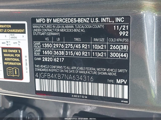 45717713 :رقم المزاد ، 4JGFB4KB7NA634316 vin ، 2022 Mercedes-benz Gle 350 4matic مزاد بيع