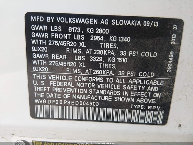 Auction sale of the 2014 Volkswagen Touareg 3.6l R-line, vin: WVGDF9BP8ED004503, lot number: 45717715
