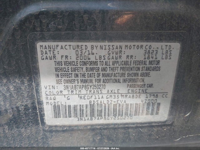 Aukcja sprzedaży 2016 Nissan Sentra Sv, vin: 3N1AB7AP8GY250270, numer aukcji: 45717716