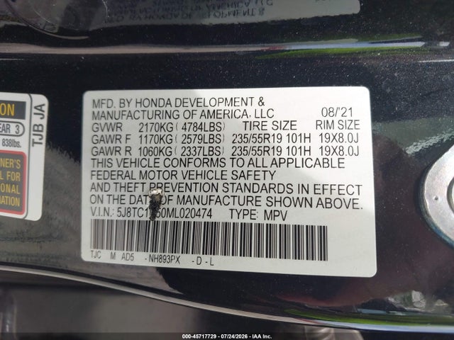 45717729 :رقم المزاد ، 5J8TC1H50ML020474 vin ، 2021 Acura Rdx Technology Package مزاد بيع