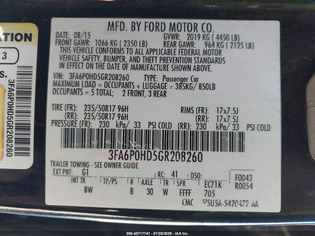 3FA6P0HD5GR208260 Ford FUSION SE