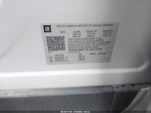Aukcja sprzedaży 2020 Chevrolet Equinox Fwd Premier 1.5l Turbo, vin: 2GNAXNEV2L6247878, numer aukcji: 45717780