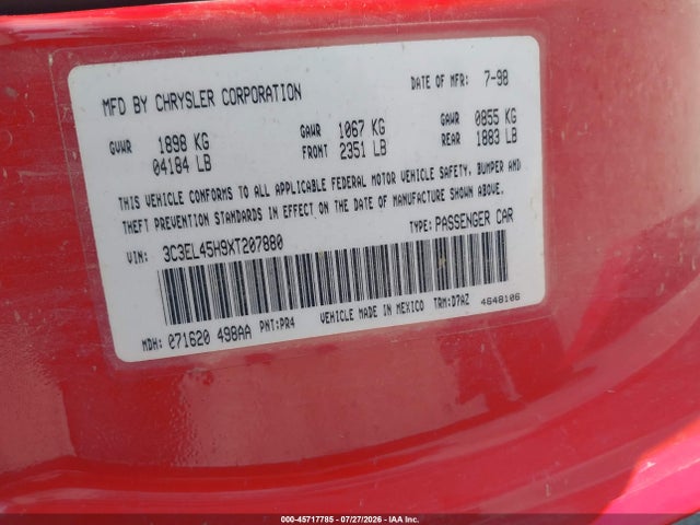 Продажа на аукционе авто 1999 Chrysler Sebring Jx, vin: 3C3EL45H9XT207880, номер лота: 45717785