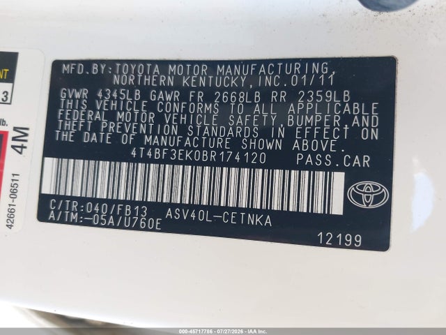Aukcja sprzedaży 2011 Toyota Camry Le, vin: 4T4BF3EK0BR174120, numer aukcji: 45717786