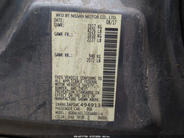 2017 Nissan Altima 2.5 Sr მანქანა იყიდება აუქციონზე, vin: 1N4AL3AP1HC494913, აუქციონის ნომერი: 45717798