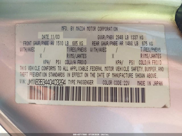 45717800 :رقم المزاد ، JM1NB353440403294 vin ، 2004 Mazda Mx-5 Miata Ls مزاد بيع