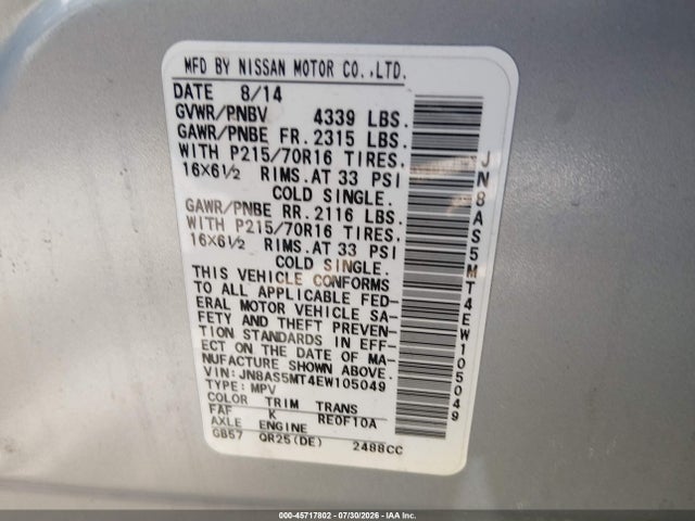 Nissan Rogue Select S 2014 JN8AS5MT4EW105049 Image 9
