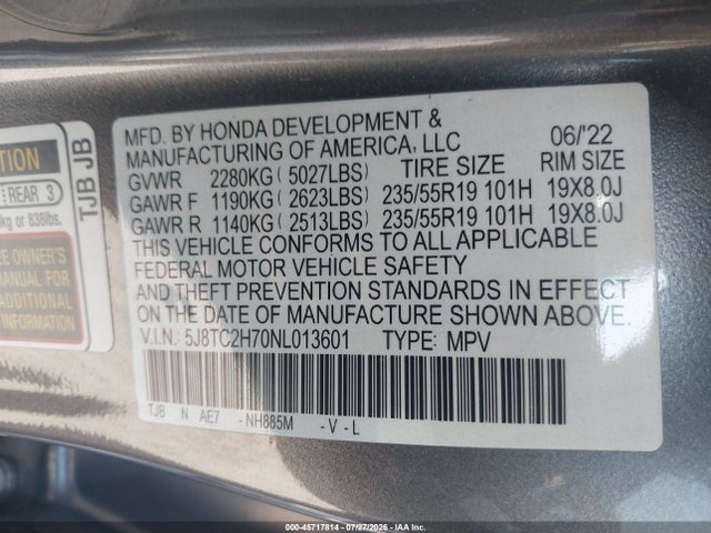 45717814 :رقم المزاد ، 5J8TC2H70NL013601 vin ، 2022 Acura Rdx Advance Package مزاد بيع