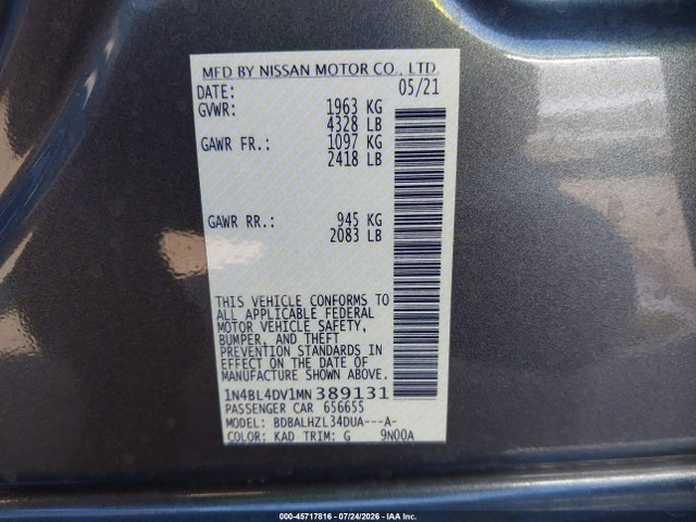1N4BL4DV1MN389131 Nissan Altima Sv Fwd