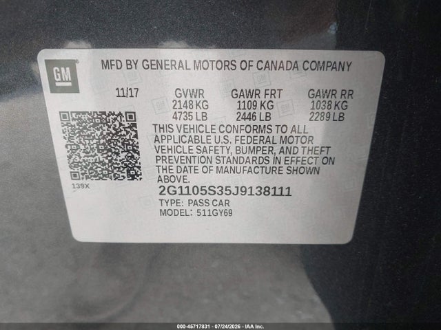 45717831 :رقم المزاد ، 2G1105S35J9138111 vin ، 2018 Chevrolet Impala 1lt مزاد بيع