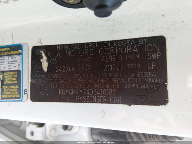 45717845 :رقم المزاد ، KNAGM4A74D5410182 vin ، 2013 Kia Optima Lx مزاد بيع