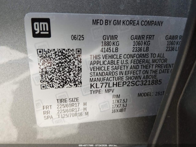 KL77LHEP2SC321885 Chevrolet Trax Fwd Lt