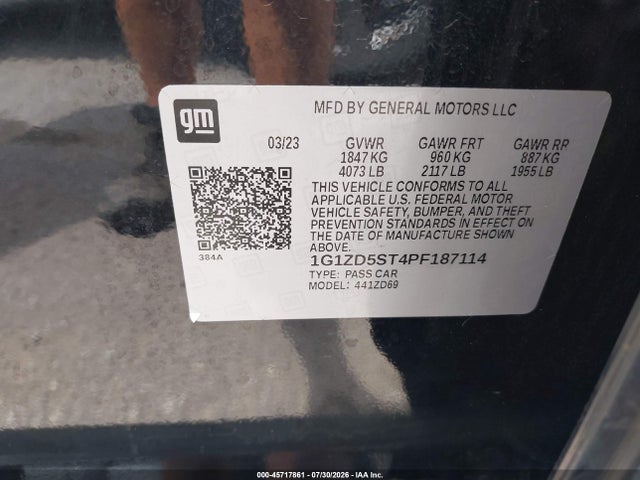 45717861 :رقم المزاد ، 1G1ZD5ST4PF187114 vin ، 2023 Chevrolet Malibu Fwd 1lt مزاد بيع