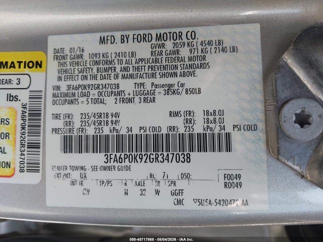 Aukcja sprzedaży 2016 Ford Fusion Titanium, vin: 3FA6P0K92GR347038, numer aukcji: 45717868