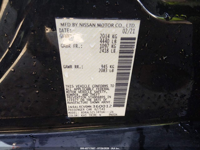 45717887 :رقم المزاد ، 1N4AL4CV6MN360012 vin ، 2021 Nissan Altima Sr Vc-turbo Fwd مزاد بيع