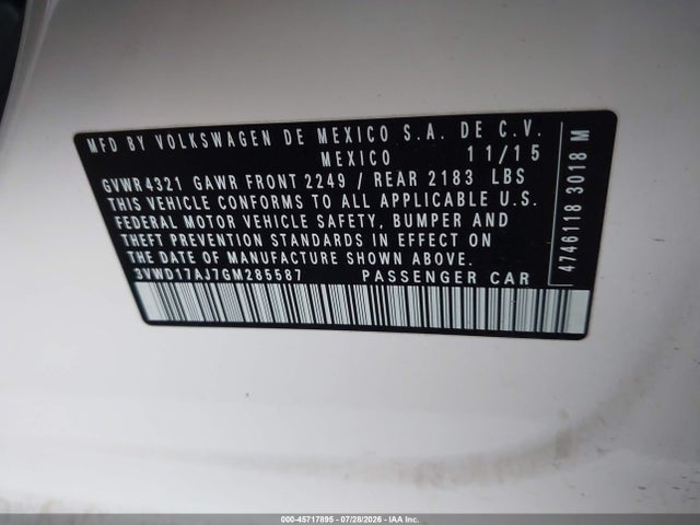 Продаж на аукціоні авто 2016 Volkswagen Jetta 1.8t Sport, vin: 3VWD17AJ7GM285587, номер лоту: 45717895