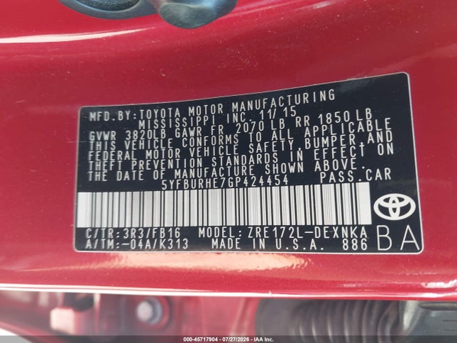 Toyota Corolla Le Plus 2016 5YFBURHE7GP424454 Image 9