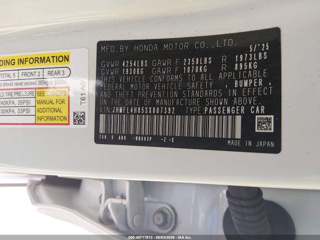 Продажа на аукционе авто 2025 Honda Civic Hybrid Sport, vin: JHMFL4H85SX007392, номер лота: 45717913