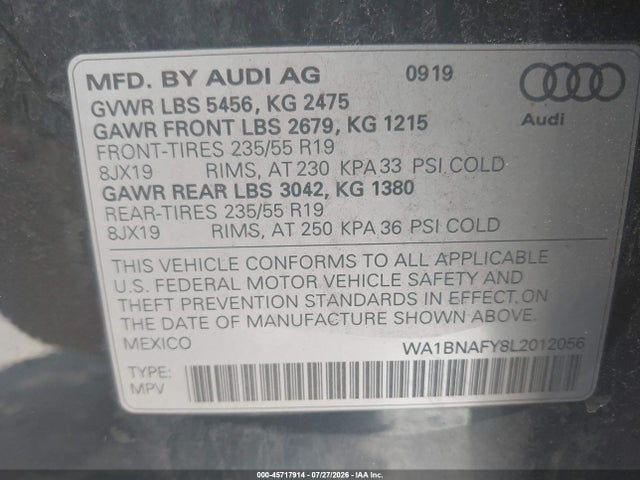 2020 Audi Q5 Premium Plus 45 Tfsi Quattro S Tronic მანქანა იყიდება აუქციონზე, vin: WA1BNAFY8L2012056, აუქციონის ნომერი: 45717914