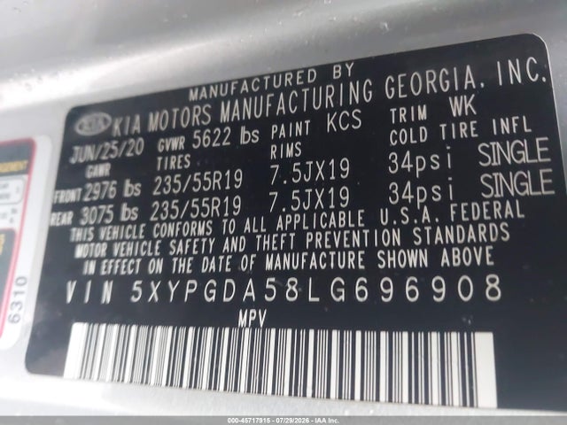 45717915 :رقم المزاد ، 5XYPGDA58LG696908 vin ، 2020 Kia Sorento 3.3l S مزاد بيع