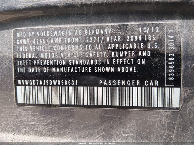 2013 Volkswagen Gti 4-door მანქანა იყიდება აუქციონზე, vin: WVWGD7AJ9DW098631, აუქციონის ნომერი: 45717928