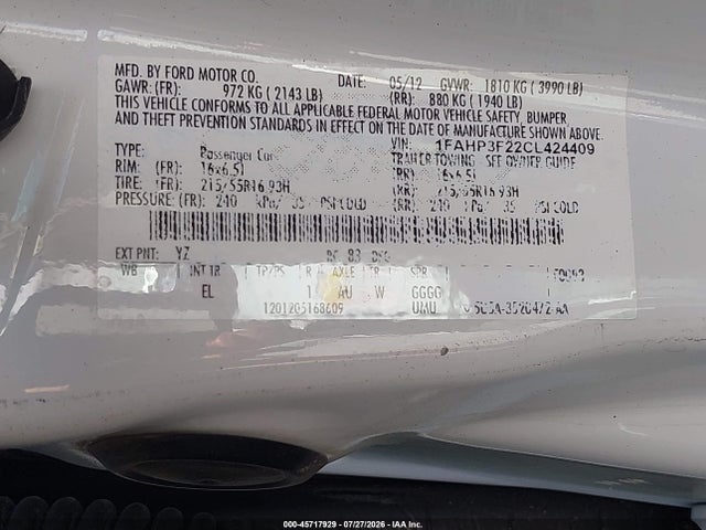 45717929 :رقم المزاد ، 1FAHP3F22CL424409 vin ، 2012 Ford Focus Se مزاد بيع