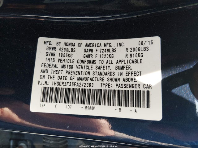 Aukcja sprzedaży 2015 Honda Accord Lx, vin: 1HGCR2F36FA272363, numer aukcji: 45717946