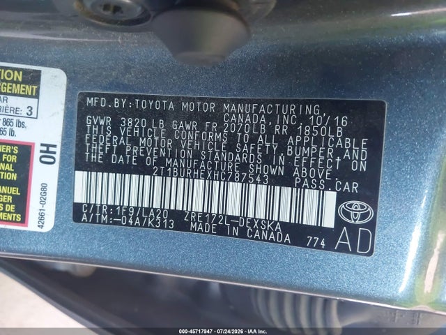Продажа на аукционе авто 2017 Toyota Corolla Xse, vin: 2T1BURHEXHC787543, номер лота: 45717947
