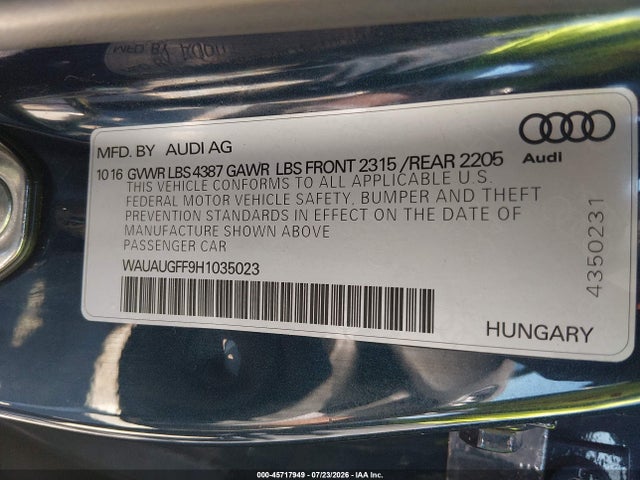 Aukcja sprzedaży 2017 Audi A3 Premium, vin: WAUAUGFF9H1035023, numer aukcji: 45717949