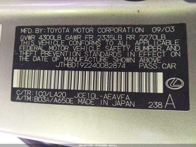Aukcja sprzedaży 2004 Lexus Is 300, vin: JTHBD192240082874, numer aukcji: 45717957