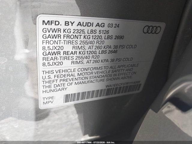 Продаж на аукціоні авто 2024 Audi Q3 Premium Plus 45 Tfsi S Line Quattro Tiptronic, vin: WA1EECF37R1114069, номер лоту: 45717966