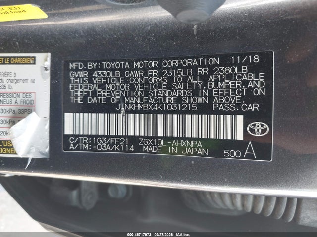 2019 Toyota C-hr Xle მანქანა იყიდება აუქციონზე, vin: JTNKHMBX4K1031215, აუქციონის ნომერი: 45717973