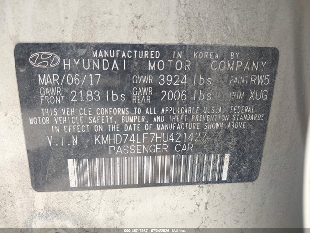Продаж на аукціоні авто 2017 Hyundai Elantra Se, vin: KMHD74LF7HU421427, номер лоту: 45717987