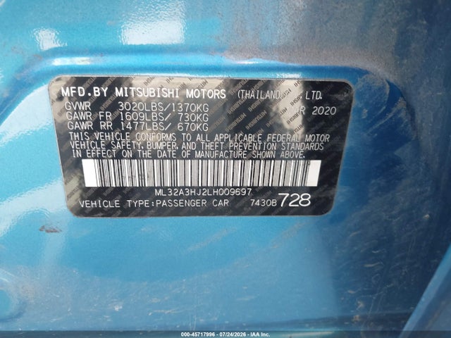 Aukcja sprzedaży 2020 Mitsubishi Mirage Es/se, vin: ML32A3HJ2LH009697, numer aukcji: 45717996