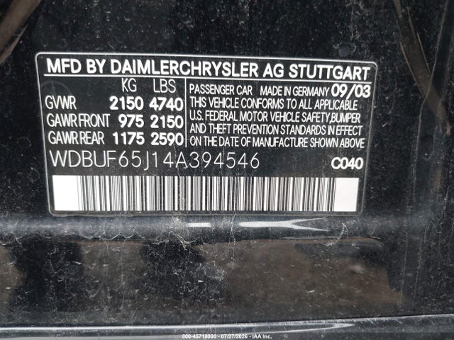 Продажа на аукционе авто 2004 Mercedes-benz E 320, vin: WDBUF65J14A394546, номер лота: 45718000