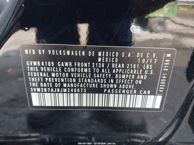 Aukcja sprzedaży 2018 Volkswagen Jetta 1.4t S, vin: 3VW2B7AJ8JM248673, numer aukcji: 45718001