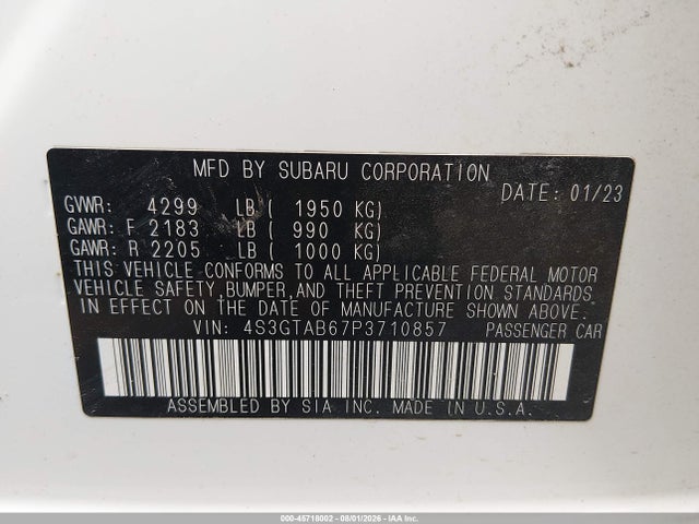 Aukcja sprzedaży 2023 Subaru Impreza Base 5-door, vin: 4S3GTAB67P3710857, numer aukcji: 45718002