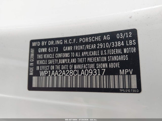 45718004 :رقم المزاد ، WP1AA2A28CLA09317 vin ، 2012 Porsche Cayenne مزاد بيع