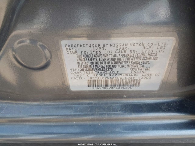 2021 Nissan Versa Sv Xtronic Cvt მანქანა იყიდება აუქციონზე, vin: 3N1CN8EV8ML826270, აუქციონის ნომერი: 45718009