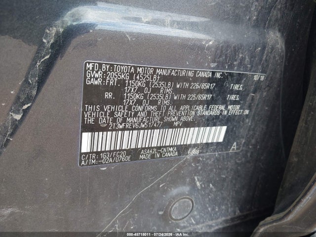2018 Toyota Rav4 Xle მანქანა იყიდება აუქციონზე, vin: 2T3WFREV6JW517477, აუქციონის ნომერი: 45718011