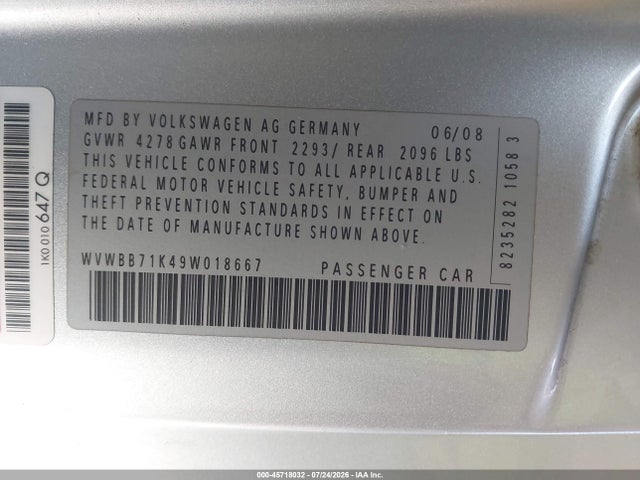 2009 Volkswagen Rabbit S მანქანა იყიდება აუქციონზე, vin: WVWBB71K49W018667, აუქციონის ნომერი: 45718032
