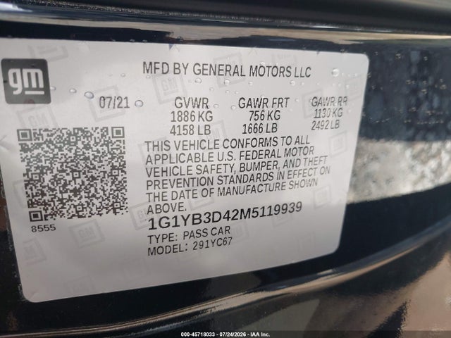 Aukcja sprzedaży 2021 Chevrolet Corvette Stingray Rwd  2lt, vin: 1G1YB3D42M5119939, numer aukcji: 45718033