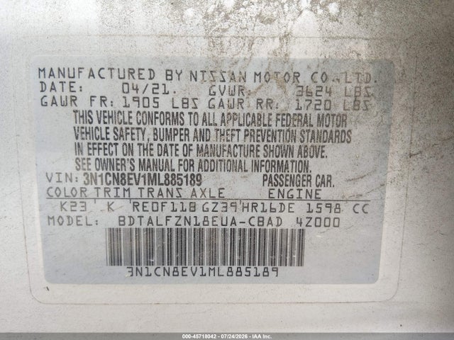 Auction sale of the 2021 Nissan Versa Sv Xtronic Cvt, vin: 3N1CN8EV1ML885189, lot number: 45718042