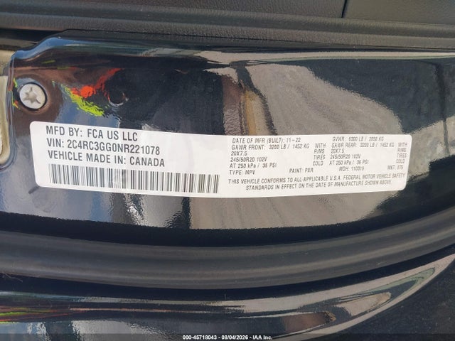 45718043 :رقم المزاد ، 2C4RC3GG0NR221078 vin ، 2022 Chrysler Pacifica Limited Awd مزاد بيع