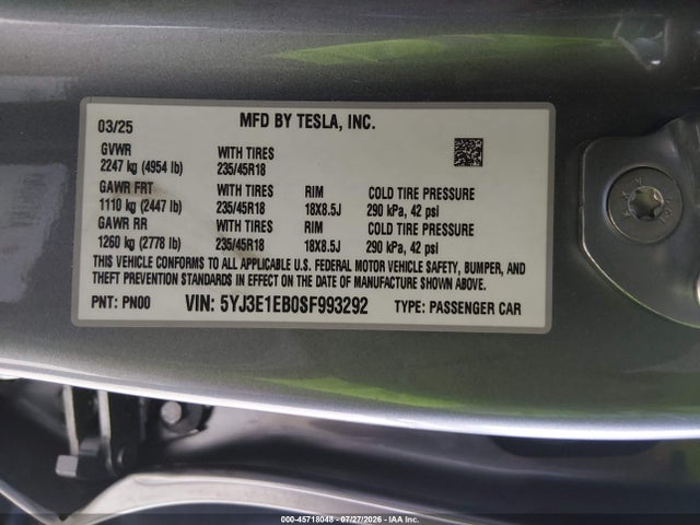 Aukcja sprzedaży 2025 Tesla Model 3 Long Range All-wheel Drive, vin: 5YJ3E1EB0SF993292, numer aukcji: 45718048