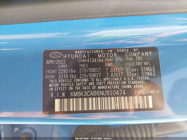 2022 Hyundai Kona Sel მანქანა იყიდება აუქციონზე, vin: KM8K3CAB6NU910474, აუქციონის ნომერი: 45718061
