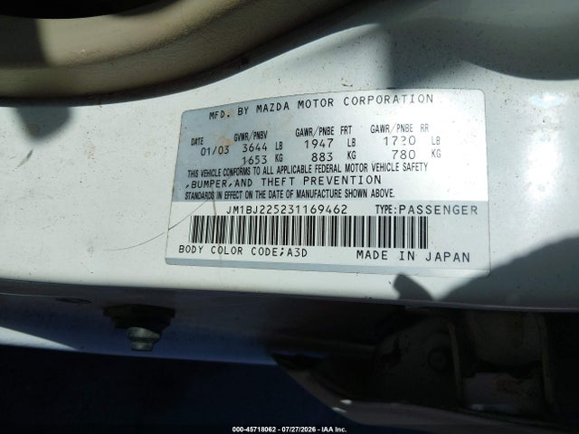 45718062 :رقم المزاد ، JM1BJ225231169462 vin ، 2003 Mazda Protege Dx/es/lx مزاد بيع