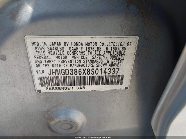 Продаж на аукціоні авто 2008 Honda Fit Sport, vin: JHMGD386X8S014337, номер лоту: 45718072