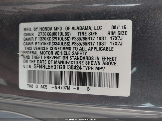 Aukcja sprzedaży 2016 Honda Odyssey Se, vin: 5FNRL5H31GB130424, numer aukcji: 45718077